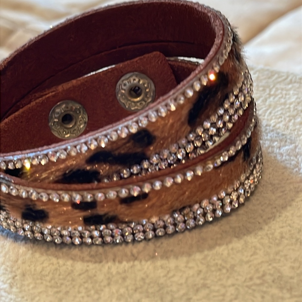 Brown and Black Rhinestone Animal Print Wrap Bracelet 15” 7-7.5”
